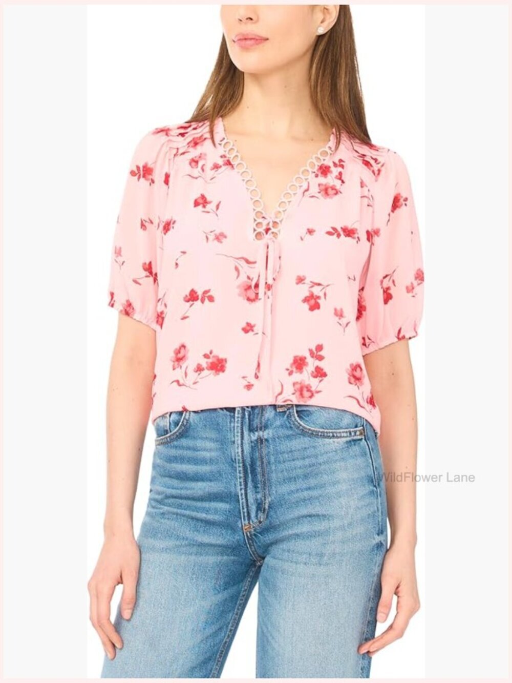 V-Neck Floral Pintuck Circular Trim Blouse 3/4 Sleeve